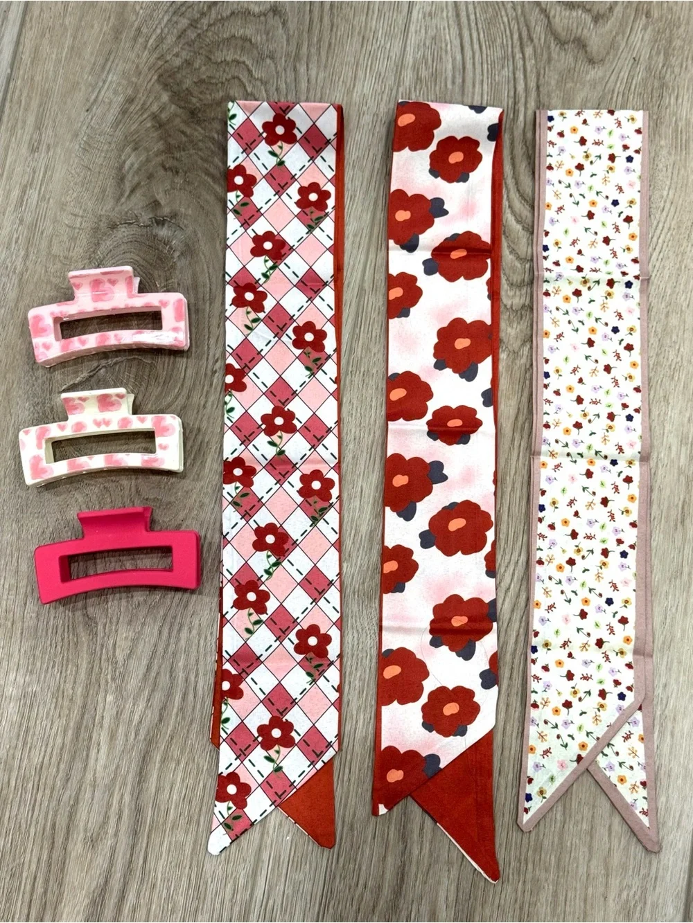 NWOT Womens Floral Ribbon Scarves Red Pink Floral Hair & Purse Scarves